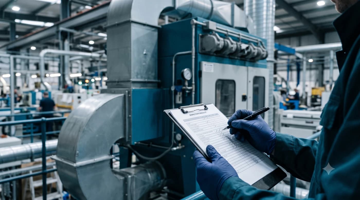 Technicien remplissant une checklist d’inspection devant une installation d’aspiration industrielle