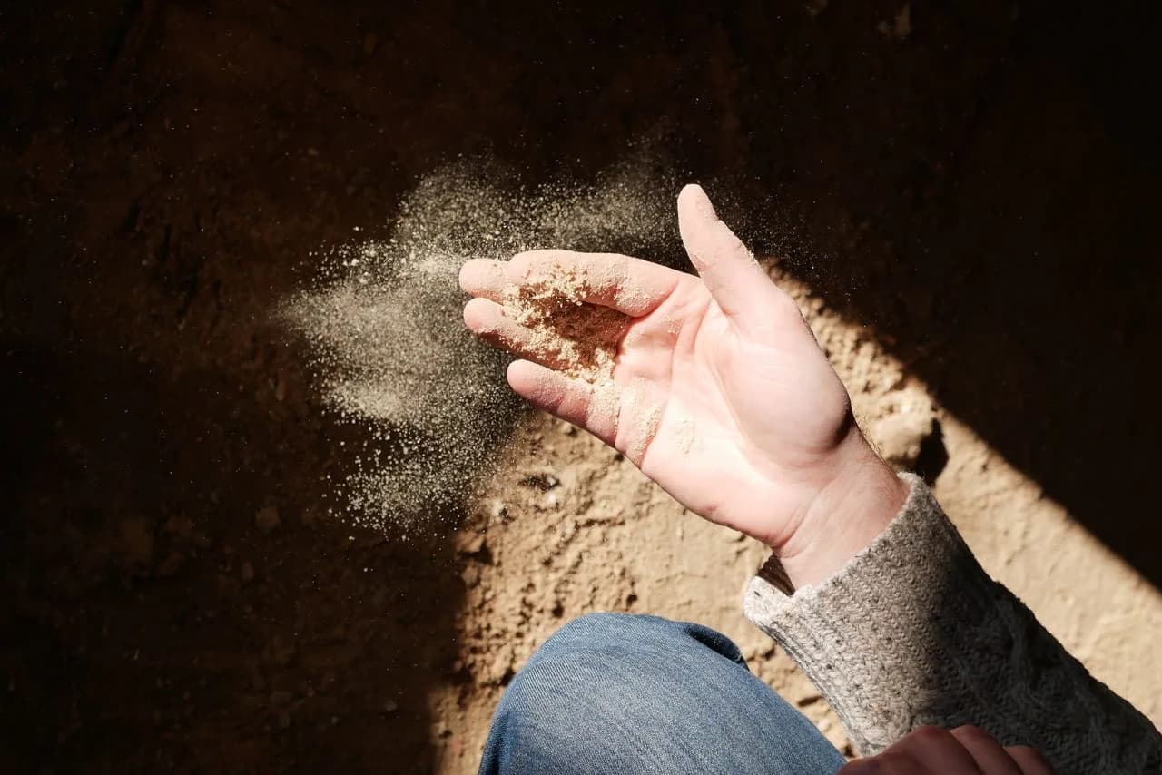 Poussière de bois fine s'échappant d'une main dans la lumière