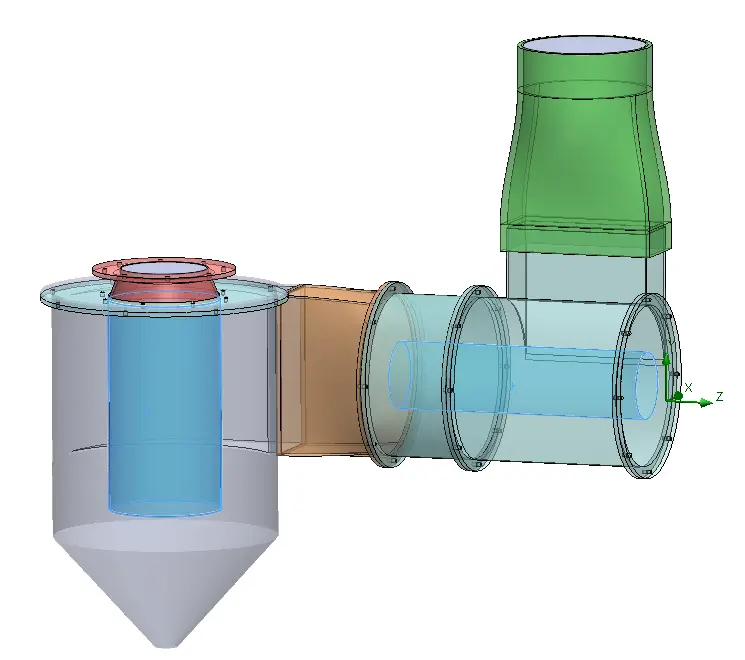 Modèle numérique 3D du système de filtration par voie humide Nanotec Filter : cyclone, vortex et clapet d’entrée.