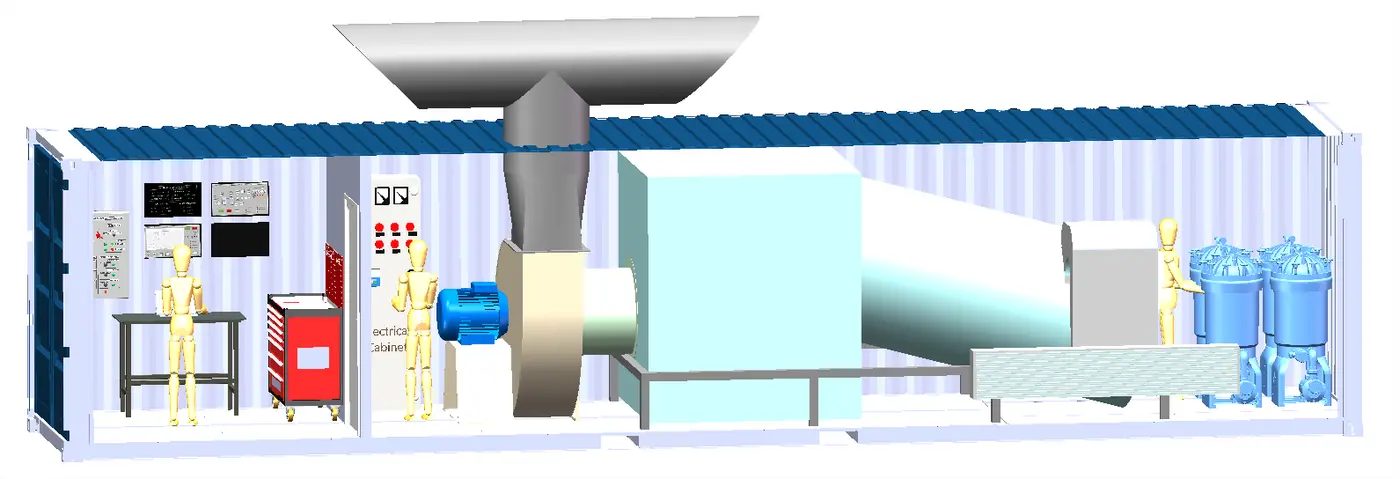 Vue 3D intérieure du conteneur Nanotec Filter : espace de supervision contrôle-commande à gauche, bloc de filtration par voie humide à droite.