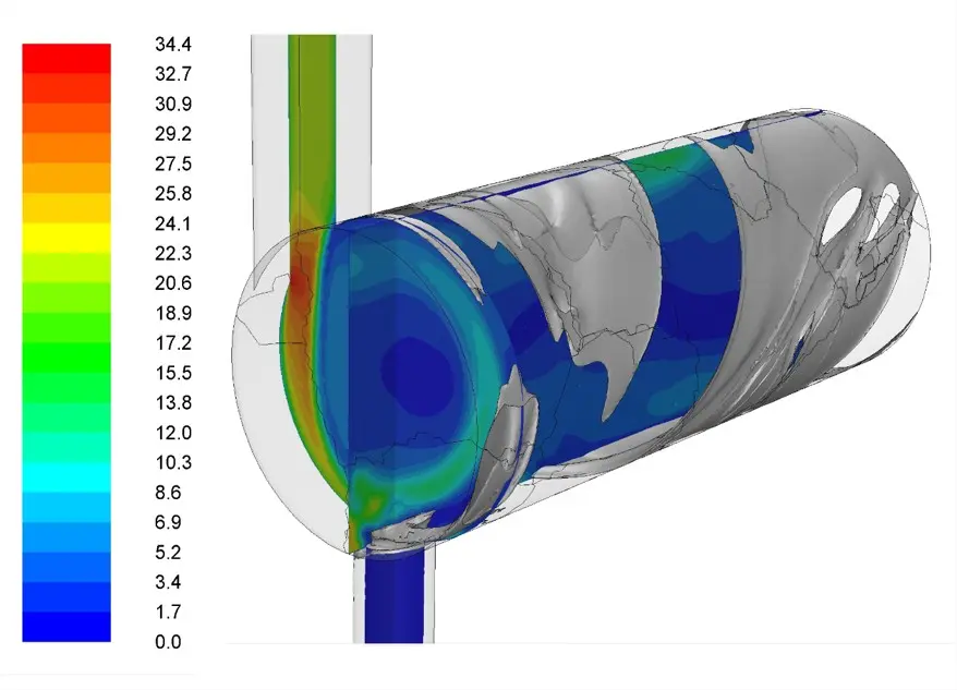 Simulation aéraulique du contacteur Nanotec Filter : champ de vitesse de l’air illustrant le vortex unidirectionnel de la filtration par voie humide.